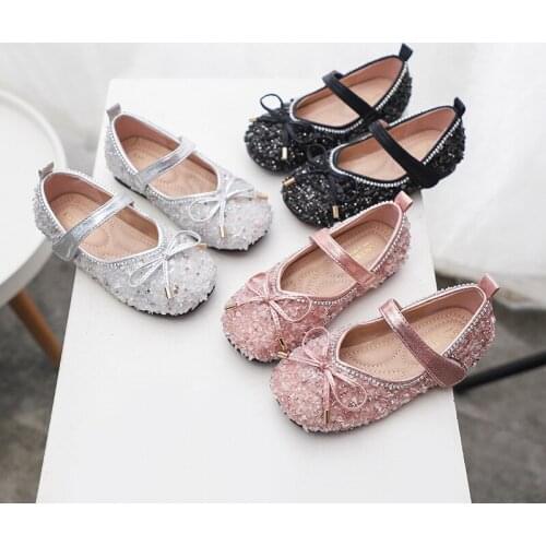2020 Cross-Border New Childrens Shoes Sweet Bow Crystal Princess Shoes Flat Hook and Loop Little Girl Princess Shoes
