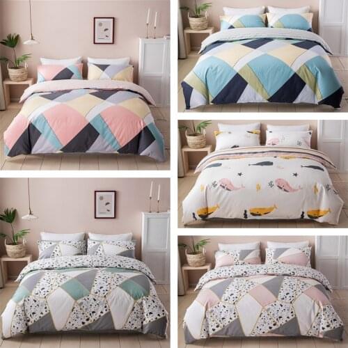 New 5 Color 2/3Pcs Printing 100% Cotton Bedding Set Single Queen King Size Color matching Duvet Cover Bed Sheet Set Fitted Sheet