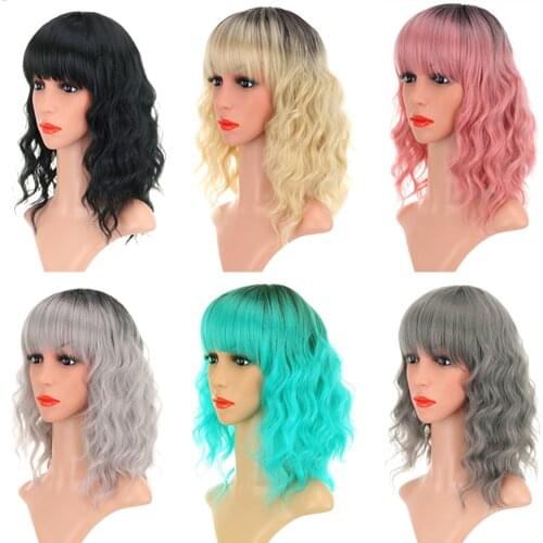 Pastal Wavy Wig With Air Bangs Short Bob Natureal Wave Should Length Synthetic Colorful Ombre Costume Wigs Cosplay Wig 14 Inch