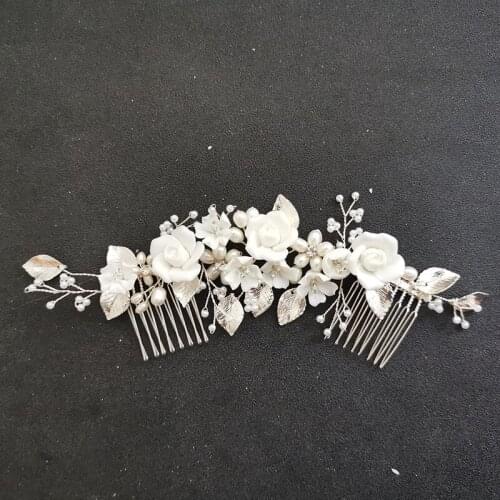 SLBRIDAL Handmade Freshwater Pearls Ceram Flower Bridal Hair Comb Wedding Headdress Hair Accessory Bridesmaids Women Jewelry