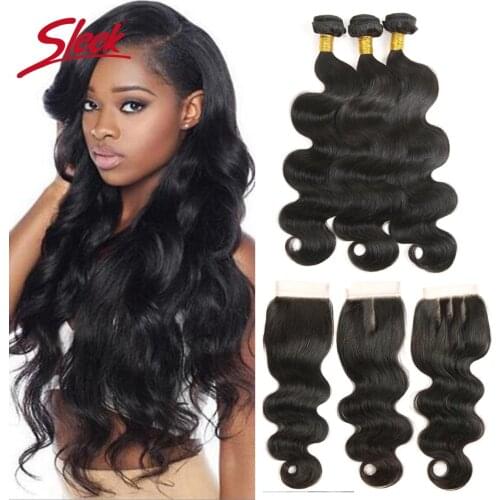 Sleek Brazilian Body Wave Bundles With Closure Remy Hair 3 Bundles With Lace Closure 100% Natural Color 28 Inches Wavy Hair Exte