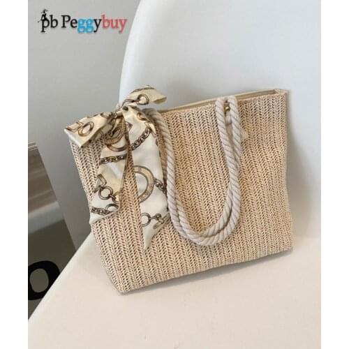Spring Summer Fashion Straw Woven Underarm Shoulder Bags For Women Casual Silk Scarf Ladies Large Capacity Shopping Handbags