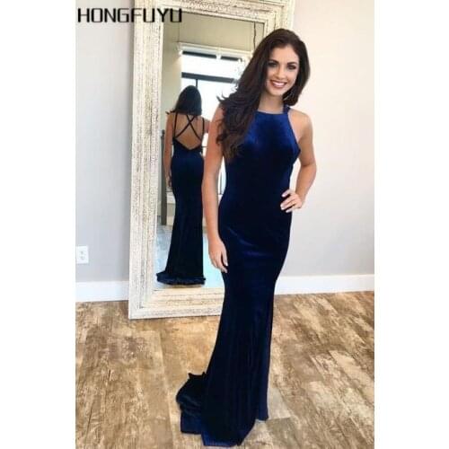 Velour Boat Neck Spaghetti Strap Mermaid Long Evening Dresses 2021 Criss-Cross Back Floor Length Zipper Evening Dress HFY30703