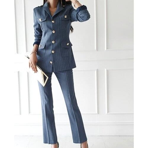 2020 Stripe Notch Collar Single Breasted Women Slim OL Blazer High Waist Pockets Straight Suit Pants Two Pieces Business Suit
