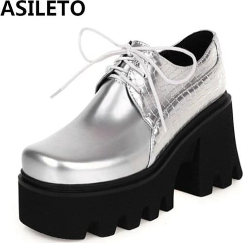 ASILETO 2021 Summer Ladies Sexy Patchwork Platform High Thick Sole Chunky 8cm Lace Up Square Toe Punk Size 35-44 Silver A4159