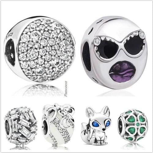 Original 925 Sterling Silver Green Lucky Clover With Crystal Charm Beads Fit Pandora Bracelet & Necklace Jewelry