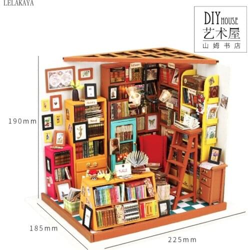 DG102 Miniatura Wooden Doll House sams study room Furniture Dollhouse Adult Miniature Store Puzzle Toys Model Kit Sam Bookstore