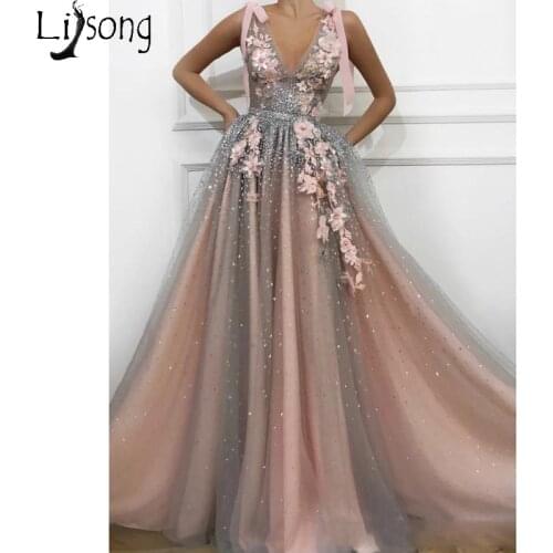2019 Sparkly Sequins Tulle Long Prom Dresses Deep V Neck Sleeveless Appliques Evening Dress Robe de soiree Formal Party Gowns
