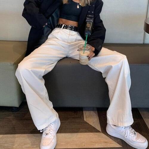 Solid Color Straight Jeans Female Wild Chic Cool Girls High Waist Cargo Pants Trendy Casual Style Trousers with Pockets