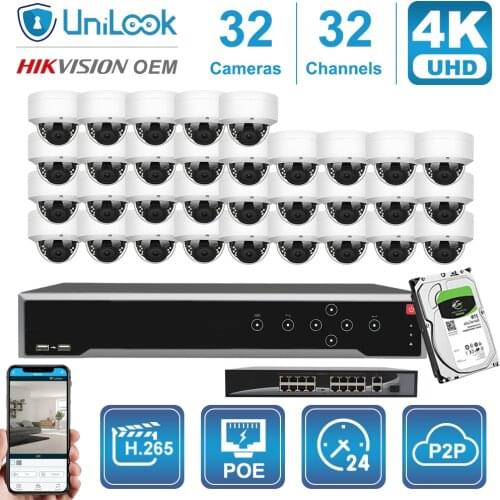 32CH 4K 8MP POE IP Camera NVR Kit Outdoor Security CCTV Surveillance OEM Hikvision DS-7732NI-I4/16P Customized Plug&Play System