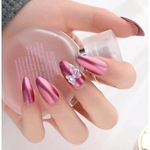 24PCS Fake Nails With Glue Rhinestones Full Cover Artificial Nails Natural Stiletto Stones Decoration Tips