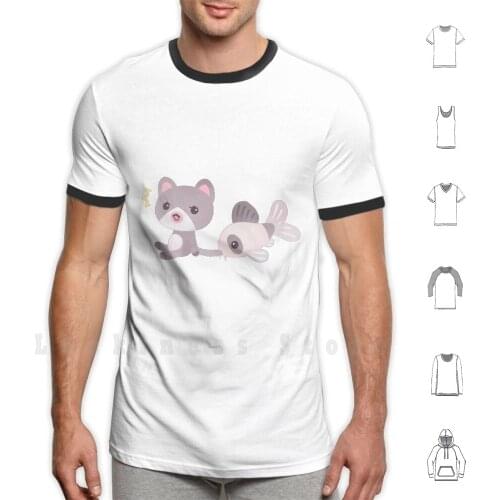 Cat And Catfish T Shirt Big Size 100% Cotton Cat Catart Kawaii Cute Fish Fresh Water Catfish Corydoras Panda Tropical Fish