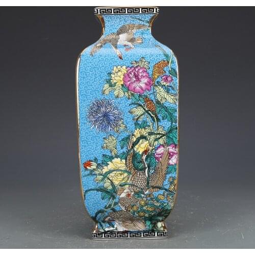 Qing Dynasty Qianlong Enamel Blue Ground Ceranic Vase Flowers And Birds Square Vase Antique Collection