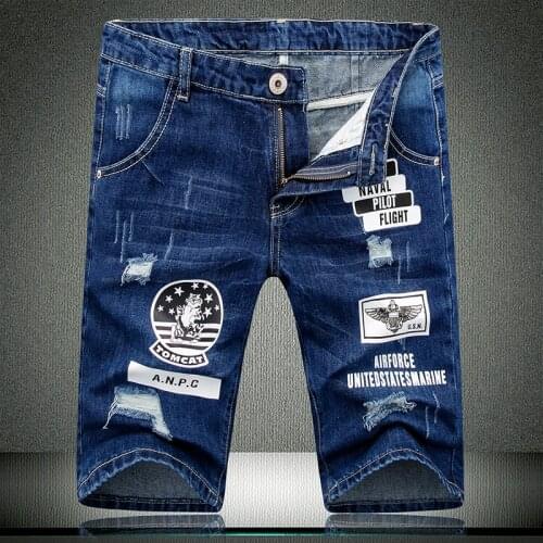 Force USA Pilot Air Summer Denim Shorts Men Cotton Solid Straight Male Blue Short Hole Frayed knee length Jeans