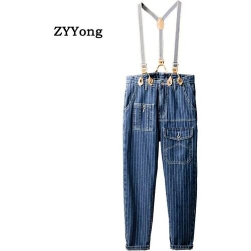 2021 Fahsion Men Jeans Bib Overalls Multi-Pocket Hip Hop Streetwear Blue Stripe Denim Trousers Leisure Freight Pants