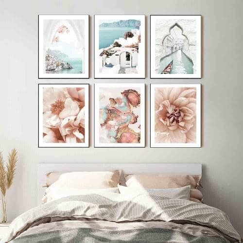 Nordic Abstract Pink Flower Wall Art Canvas Painting Building Arch Bridge Landscape Poster Print Wall Picture for Living Room