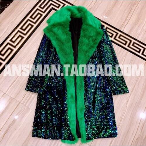New Bar Nightclub Jacket Male Singer Fashion Outerwear Ds Christmas Theme Green Colorful Faux Fur Men Long Coat Sequin Costume