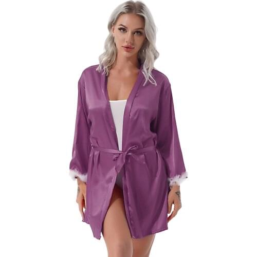 Pijama Satin Night Dress Women Sleep Robe Hot Sexy Nightwear Solid Belted Kimono Feather Trim Long Sleeve Casual Bathrobe Spring