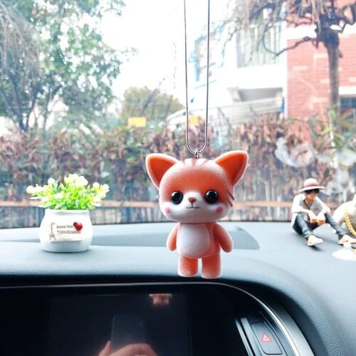 Cute Flocking Kitten Car Rearview Mirror Pendants Decoration Auto Interior Decoration Duck Panda Pendant For Car Accessories