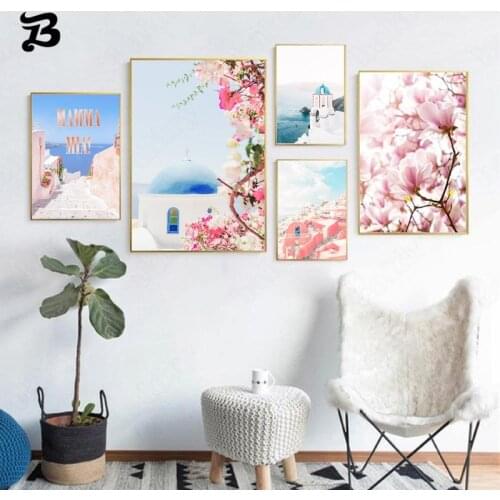 Fantasy Travel Posters Island and Flowers Santorinis Blue Sea and Pink Wall Art Canvas Painting for Living Room Home Decoration