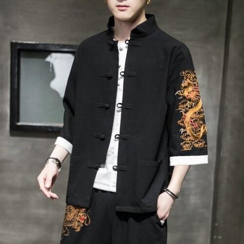 Traditional Chinese Dragon Shirt Hanfu Blouse Wu Tang Suit Men Kung Fu T Shirts Tops Jackets Cheongsam New Year Coats