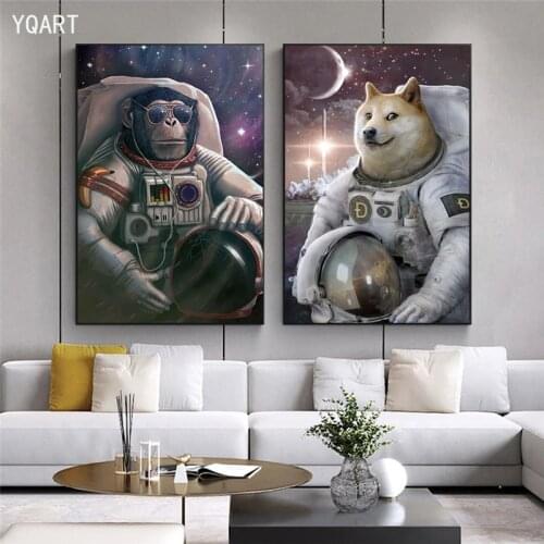 Funny Artwork of Monkey and Dog with Astronaut Suit Canvas Art Posters and Prints Nordic Art Canvas Pictures for Kids Room Decor