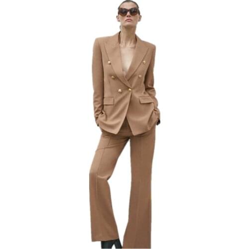 Women Suits 2PCS Fashion Office Wear Double Breasted Blazers +Pants Vintage Long Sleeves Pockets Female Outerwear Chic Tops