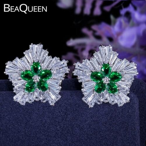 BeaQueen Lovely CZ Crystal Star Stud Earrings Shining Green Cubic Zircon Cute Earings Fashion Women Jewelry for Girl E132