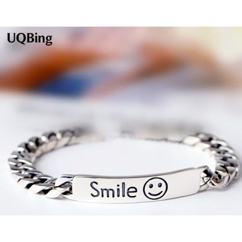 Punk Style Female/Women Vinatge 925 Sterling Silver Glossy Smiley ID Bracelets For Friends Birthday Gifts