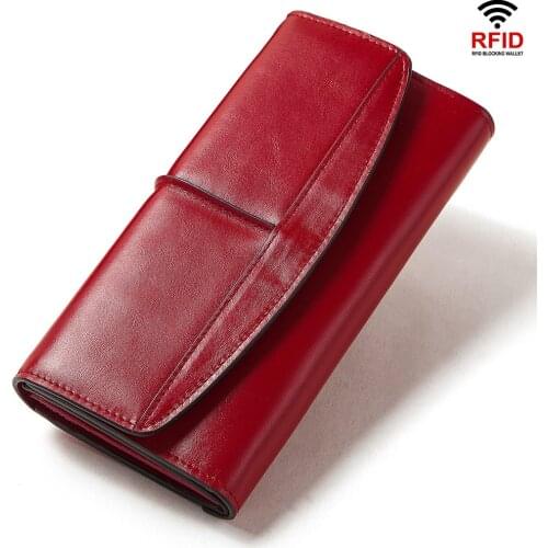 Womens Cowskin Wallet Long Genuine Leather RFID Block Female Wallets Cards Case Coin Pocket Clutch Purse Luxury Brand Design