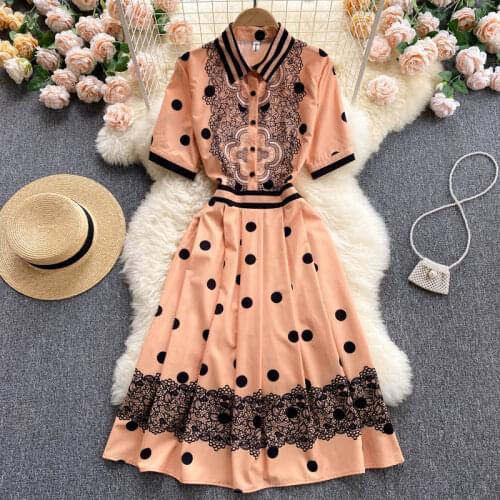 Europe Style 2021 Summer Womens Turn Down Collar Short Sleeve Polka Dot Pleated A Line Dress Female Party Dresses