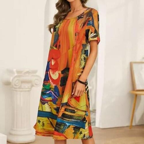 Retro Pattern Printed Split Party Dress Spring Elegant O Neck Loose Long Dress 2021 Summer Short Sleeve Loose Maxi Dress Vestido