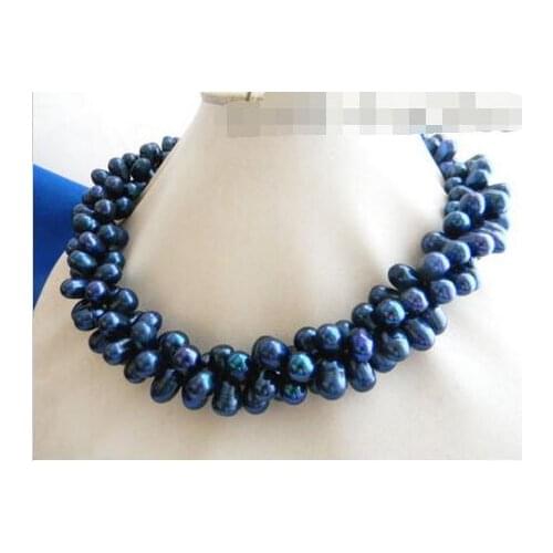 3Strands 18'' 7mmX9MM Blue Rice Freshwater Pearl Necklace