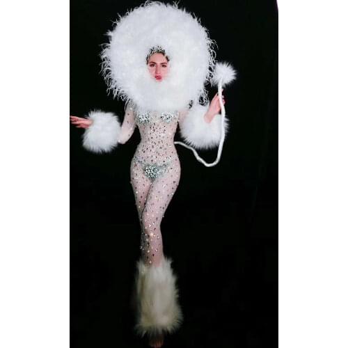 White Poodle Women Role-Playing Jumpsuits Mesh Perspective Shining Sequin Bodysuits Nightclub Stage Wear Halloween Costumes