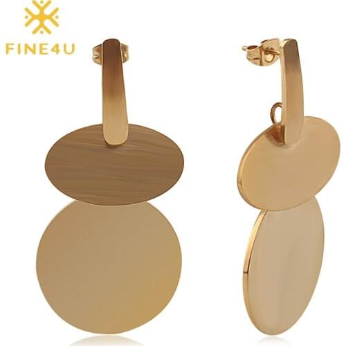 FINE4U E163 Big Round Dangle Earrings Stainless Steel Dainty Drop Earrings For Women Girls