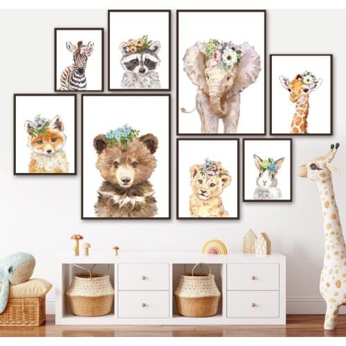 Flower Rabbit Fox Bear Zebra Lion Giraffe Nursery Wall Art Print Canvas Painting Nordic Poster Wall Picture Baby Girl Room Decor