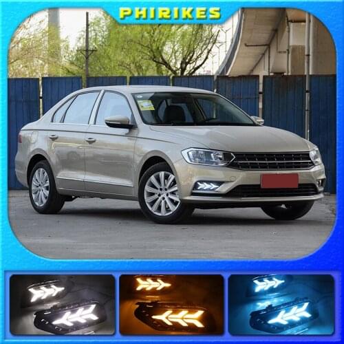 For Volkswagen Bora 2016-2018 LED DRL Daytime Running Light with Dynamic moving yellow turn signal and blue night light
