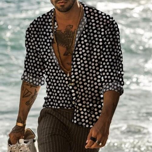 Polka Dot Print Men Shirt Long Sleeve England Style Breathable stand collar Streetwear Camisa Beach Hawaiian Shirts Handsome Men