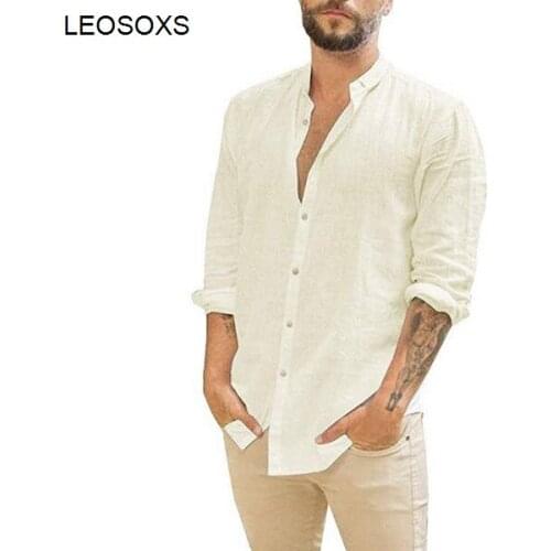 2021 Mens New Linen Cardigan Solid Color Casual Stand Collar Long Sleeve Thin Section Shirt Casual Men Clothing