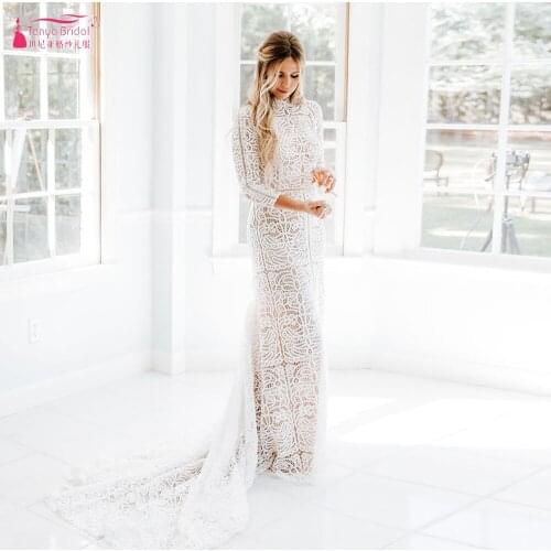 Long Sleeve Lace Wedding Dresses Mermaid Muslim Bridal Gowns Champagne lining Elegant Engagement Noivas ZW421