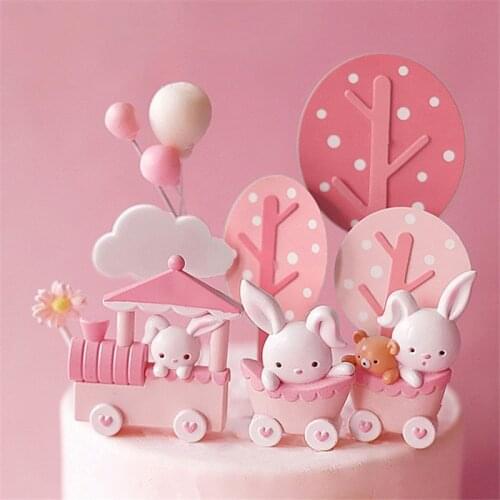 Cute Bunny Train Birthday Cake Decoration Tools Pink Bunny Train Ornaments Birthday Decoration Baby Shower Decorations