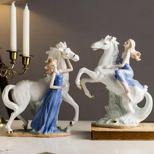 High Fashion Horse and Girl Furnishings Ceramic Woman and Horse Ornaments Creative Decors for Office Hotel Sitting Room