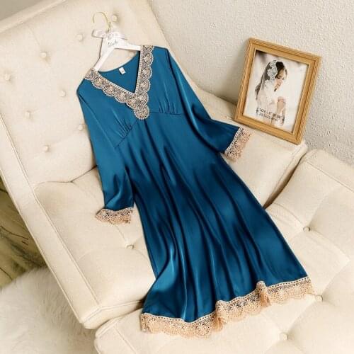 V-Neck Loose Nightdress Summer Lady Lace Satin Nighty Gown Long Sleeve Nightgown Lounge Sleepwear Home Dress Intimate Lingerie