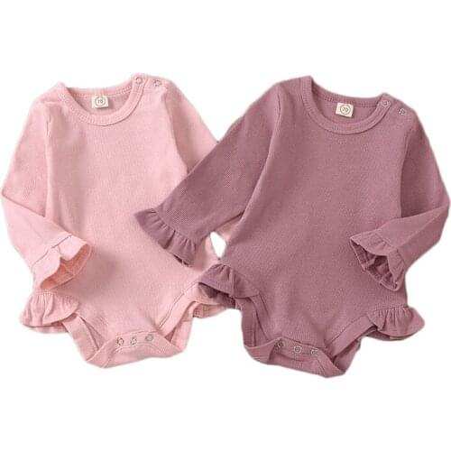 Baby Girls Solid Color Round Neck Long Sleeve Jumpsuit Ruffled Bodysuit For Girls Infant Spring Autumn Clothing 0-18M