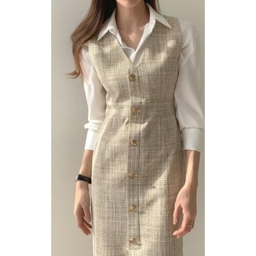 Office Ladies Sleeveless Vest Dress New Autumn Spring Women Elegant Plaid Tweed