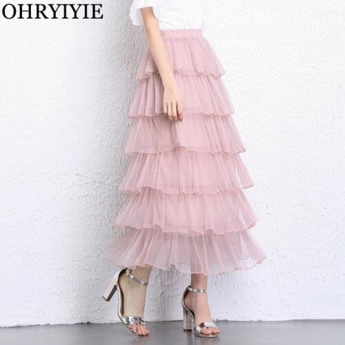 OHRYIYIE Elegant Long Tulle Skirt Women Pink Black Princess Tiered Skirts Female Lace Mesh Skirt Girl Long Maxi SKirts Femme