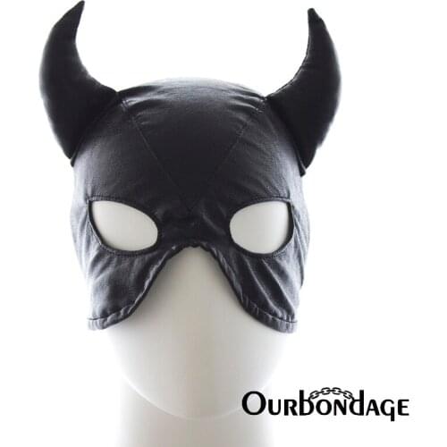 Ourbondage 2 Colors PU Leather Devil Queens Head Restraints Harness Hood Bondage BDSM Costume for Men Women Sex Toys