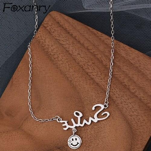 Foxanry 925 Sterling Silver Clavicle Chain Necklace for Women New Trend Simple Cute Letter Smiley Jewelry Gift Party Accessories