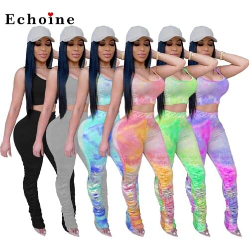 Casual Tie Dye Print Women Two Piece Set Fitness Sexy Tank Vest Crop Tops Pleated Flare Pants Tracksuit Sporty Suit Home Clothes