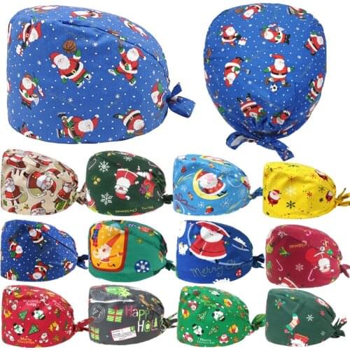 Christmas Scrub Caps Printed Cotton Sweatband Hats Adjustable Bandage Elastic Working Hat Gorros Unisex Nursing Caps Accessories
